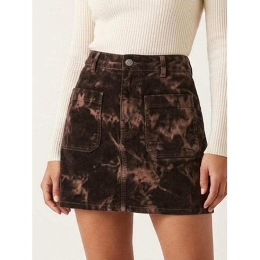 COS Brown Acid Wash Velvet Denim Mini Skirt High Waisted Patch Pockets Size 8